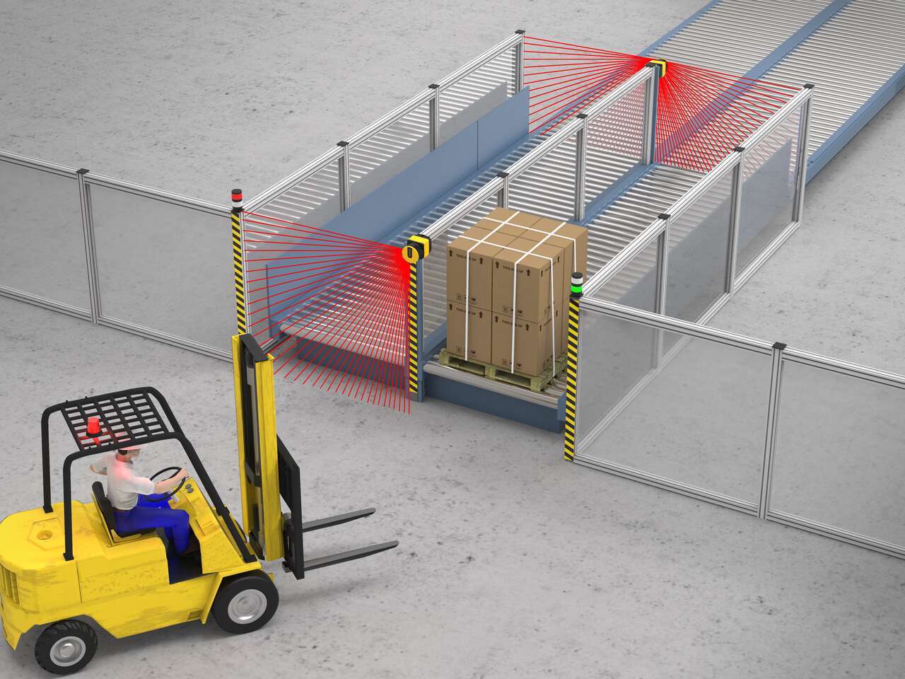 sx5-pallet-load-vertical-safe SX5 Safety Laser Scanners Safeguard Multiple Access Points on a Pallet Transfer Conveyor
