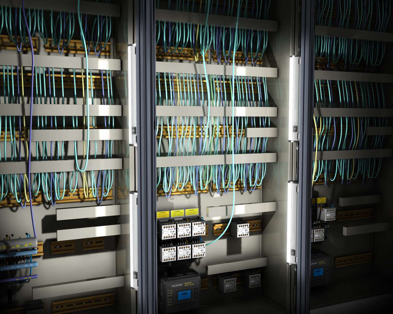 WLB32 Cascaded Lighting Machine Panel WLB32 LED lights illuminate a control cabinet