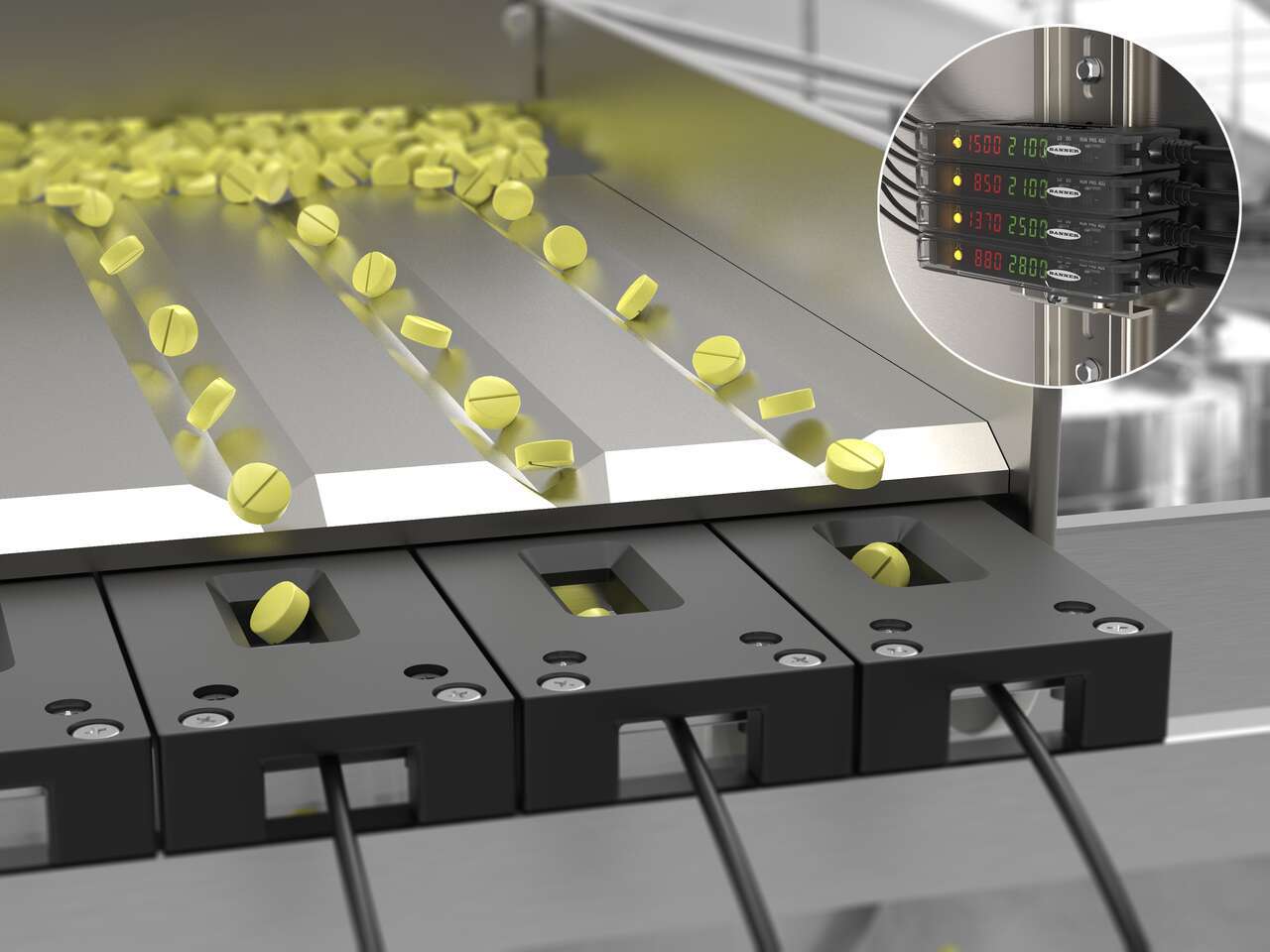 df-g3-tablet-counter Fiber optic assembly with DF-G2 fiber optic amplifier reliably counts tablets at high speeds